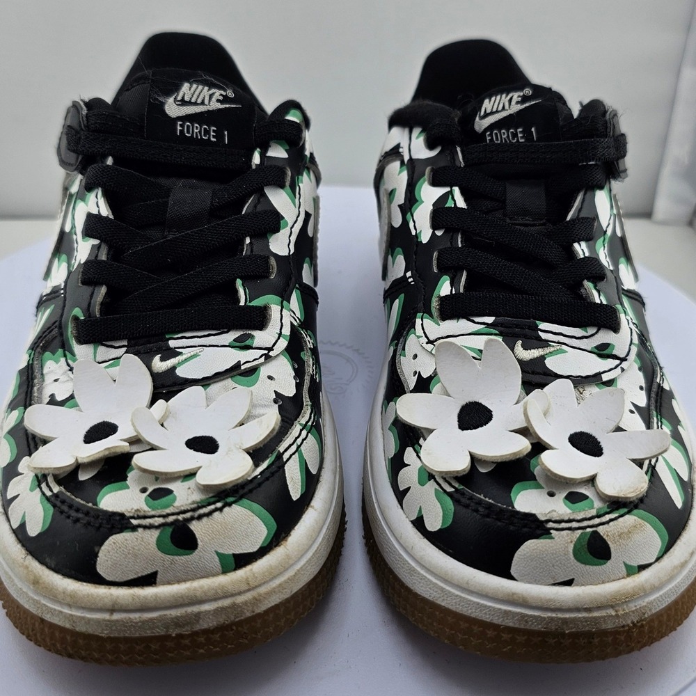 Nike Force 1 Low Kids Black White Green Floral 3D Flower FN0409-001 Size 12C GUC - Picture 6 of 9